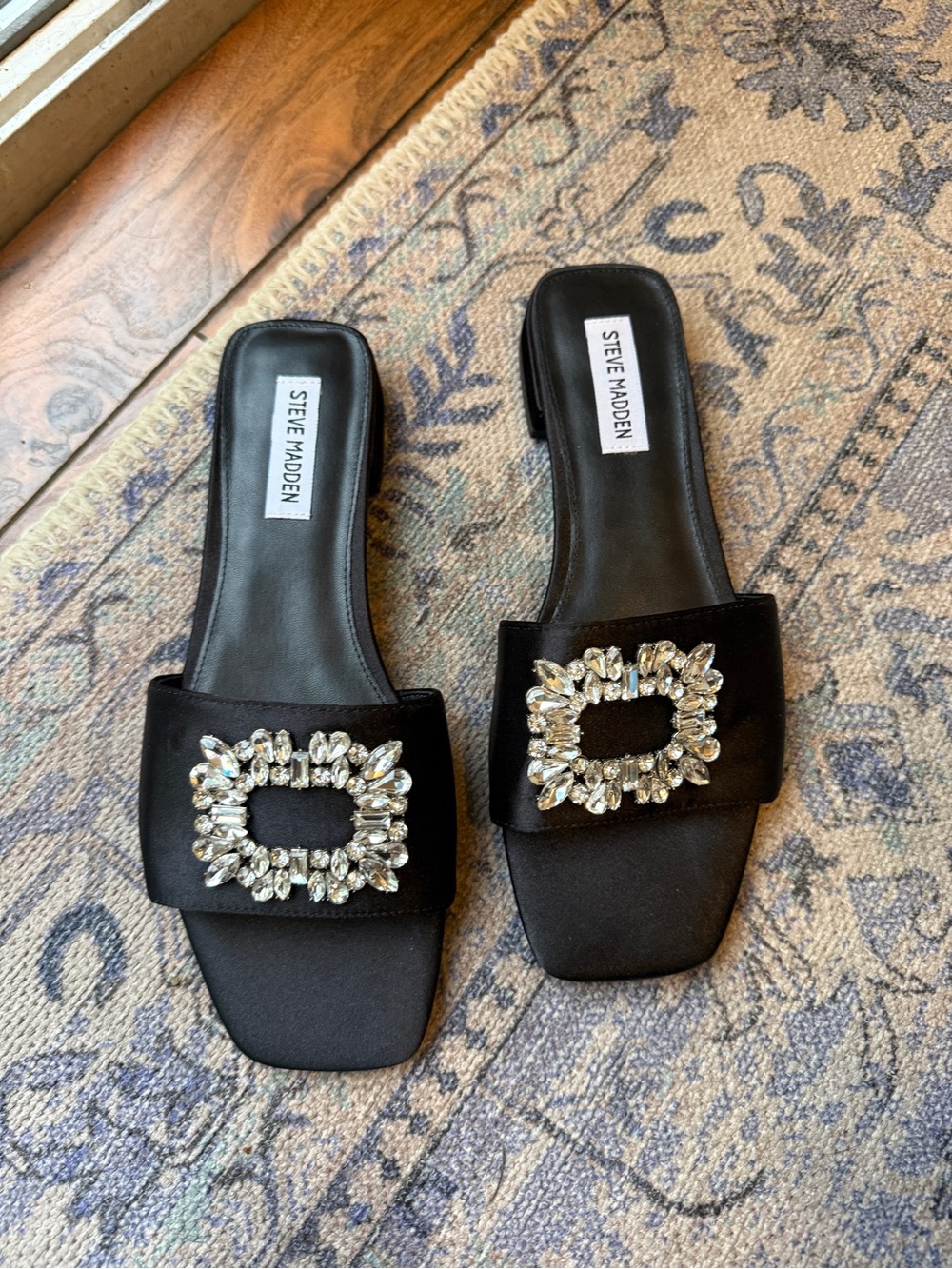 Steve Madden Black Jeweled Satin slides with tiny heel